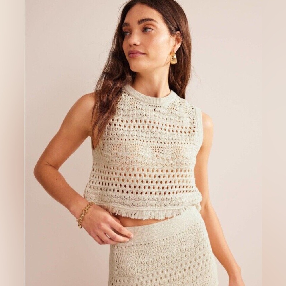 Boden Cropped Fringe Crochet Vest | Warm Ivory